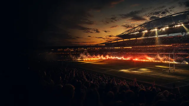 A packed outdoor stadium at twilight, its crowd gathered beneath warm floodlights